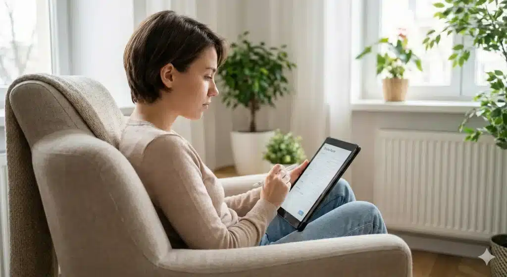 woman getting information on ipad
