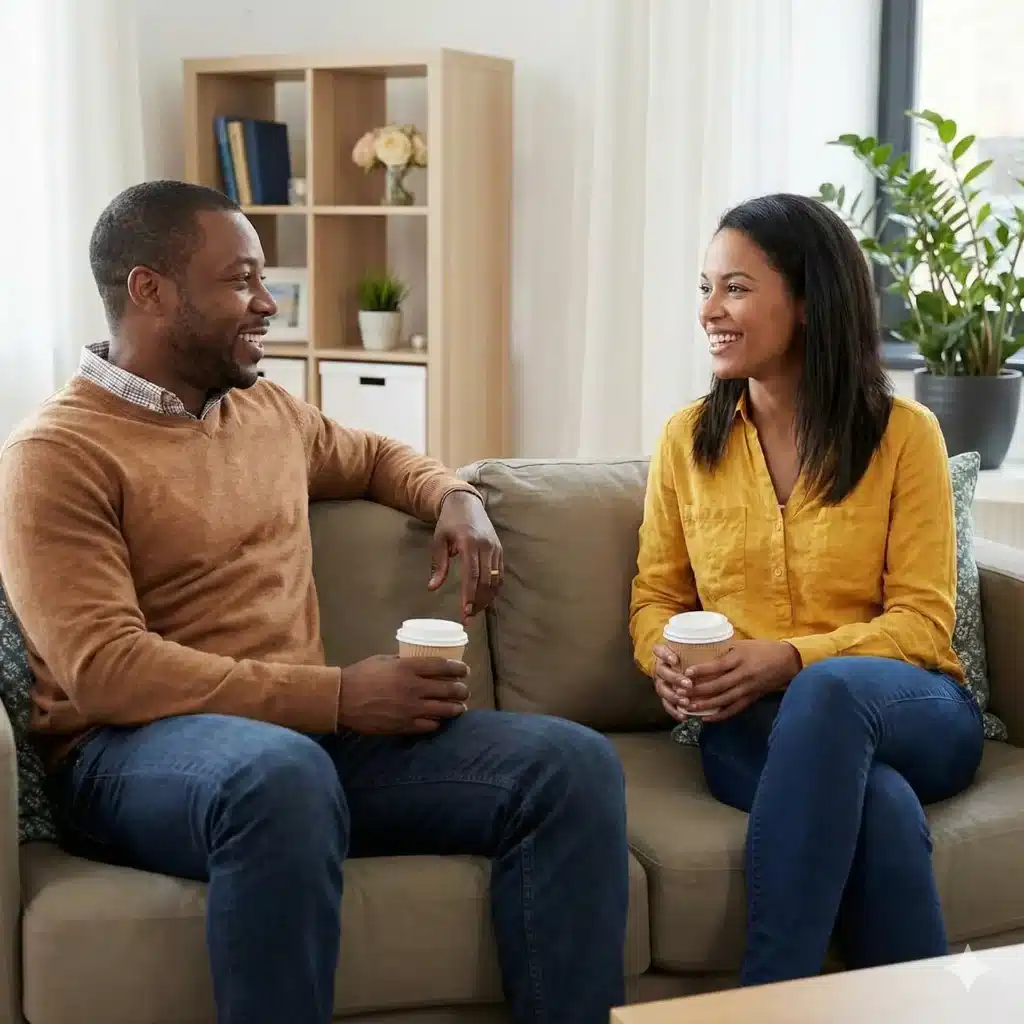 2 people on couch talking